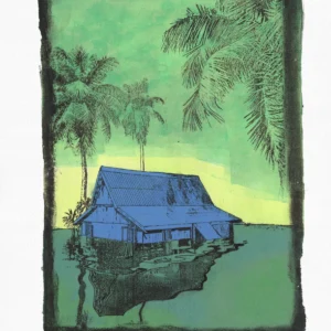 Drowning, gel plate monotype by Daniel Arendzen, shown in full including the paper and the pencil writing at the bottom. The impression shows a traditional Malaysian house in blue, half under green water, below tall palms and a yellow-green sky, on textured cold-pressed paper