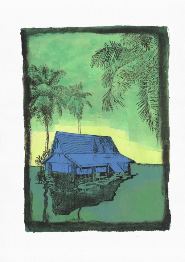 Drowning, gel plate monotype by Daniel Arendzen, shown in full including the paper and the pencil writing at the bottom. The impression shows a traditional Malaysian house in blue, half under green water, below tall palms and a yellow-green sky, on textured cold-pressed paper