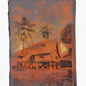 Frame 526 in Sunset Frame 526 in Sunset, gel plate monotype by Daniel Arendzen, shown in full including the paper and the pencil writing at the bottom. The impression shows a traditional Malaysian house with two palms, glowing orange in a sunset sky of orange and grey-blue, behind tall grass, on textured cold-pressed paper
