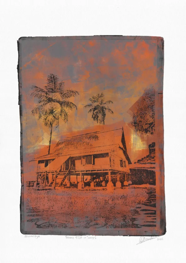 Frame 526 in Sunset Frame 526 in Sunset, gel plate monotype by Daniel Arendzen, shown in full including the paper and the pencil writing at the bottom. The impression shows a traditional Malaysian house with two palms, glowing orange in a sunset sky of orange and grey-blue, behind tall grass, on textured cold-pressed paper