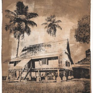 Full image of Vintage in Sepia, gel plate monotype by Daniel Arendzen: a traditional Malaysian house on stilts with two black coconut palms and a tree, in sepia and black, with long grass in front, a darker brown border and the texture of rolled acrylic paint. Pressed on cotton paper