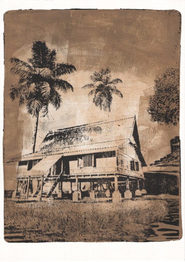Full image of Vintage in Sepia, gel plate monotype by Daniel Arendzen: a traditional Malaysian house on stilts with two black coconut palms and a tree, in sepia and black, with long grass in front, a darker brown border and the texture of rolled acrylic paint. Pressed on cotton paper