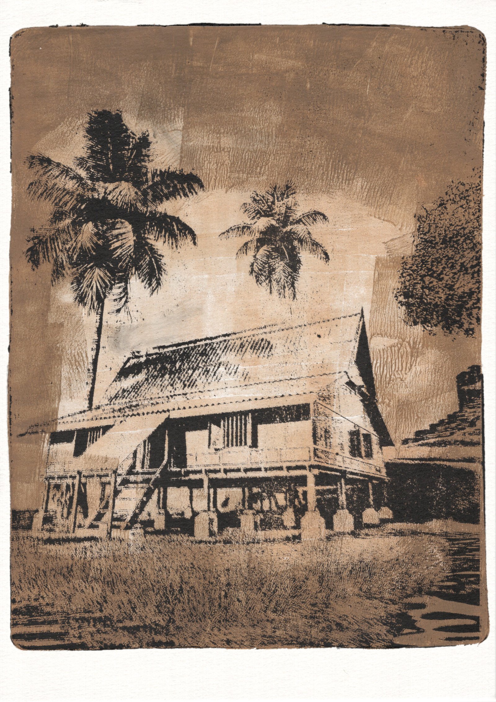 Full image of Vintage in Sepia, gel plate monotype by Daniel Arendzen: a traditional Malaysian house on stilts with two black coconut palms and a tree, in sepia and black, with long grass in front, a darker brown border and the texture of rolled acrylic paint. Pressed on cotton paper