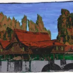 Blocked, gel plate monotype by Daniel Arendzen: a traditional Malaysian house with red roofs in front of tall limestone hills under a blue sky, with grey blocks and black arches below it