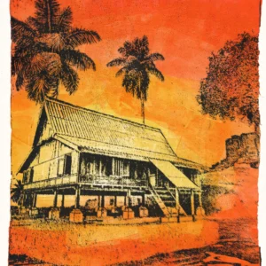 Full image of Bright Red, gel plate monotype by Daniel Arendzen: a black coconut palm above the roof edge of a Malay house with stone stairs leading to a tree in the background. Big bold strokes with a brayer of acrylic paint in yellow, orange and bright red. Pressed on cotton paper