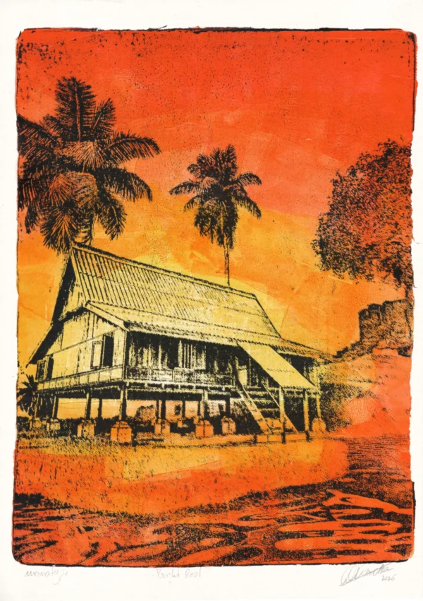 Full image of Bright Red, gel plate monotype by Daniel Arendzen: a black coconut palm above the roof edge of a Malay house with stone stairs leading to a tree in the background. Big bold strokes with a brayer of acrylic paint in yellow, orange and bright red. Pressed on cotton paper
