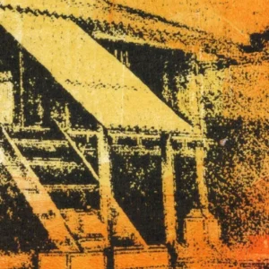 Bright Red shown in a detailed shot. This is a gel plate monotype by Daniel Arendzen: the detail shows the misaligned print of the image transfer, which gives this piece its fading character. Brayer strokes and colour interaction are visible between the red, orange and yellow
