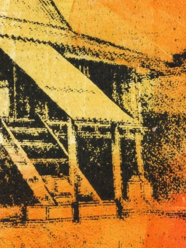 Bright Red shown in a detailed shot. This is a gel plate monotype by Daniel Arendzen: the detail shows the misaligned print of the image transfer, which gives this piece its fading character. Brayer strokes and colour interaction are visible between the red, orange and yellow