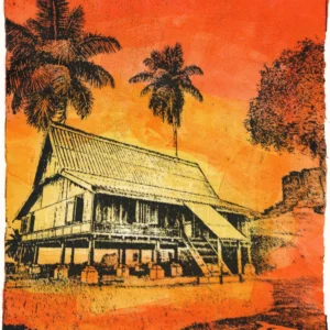 Bright Red, gel plate monotype by Daniel Arendzen, showing the printed image only: a black coconut palm above the roof edge of a Malay house with stone stairs leading to a tree in the background. Big bold strokes with a brayer of acrylic paint in yellow, orange and bright red