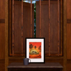 Bright Red, gel plate monotype by Daniel Arendzen, framed and standing on a carved wooden cabinet under a barred window, with a mug for scale. The room is a Blender render of the interior of the same traditional Malaysian house shown in the print.