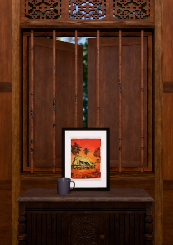 Bright Red, gel plate monotype by Daniel Arendzen, framed and standing on a carved wooden cabinet under a barred window, with a mug for scale. The room is a Blender render of the interior of the same traditional Malaysian house shown in the print.