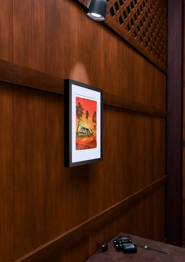 Bright Red, gel plate monotype by Daniel Arendzen, framed on a wooden wall under a spotlight, seen from the side, with binoculars, a watch and a lighter on a table below. The room is a Blender render of the interior of the same traditional Malaysian house shown in the print.
