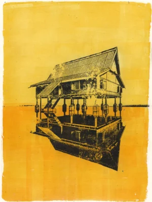 Broken Dreams Study, gel plate monotype by Daniel Arendzen, showing the printed image only: a traditional Malaysian house on stilts in black on warm yellow and orange, standing on its own black reflection, with a thin dark horizon line. Parts of the roof and walls are missing where the image transfer did not take, leaving the house broken. Brayer strokes of acrylic paint, finished with varnish