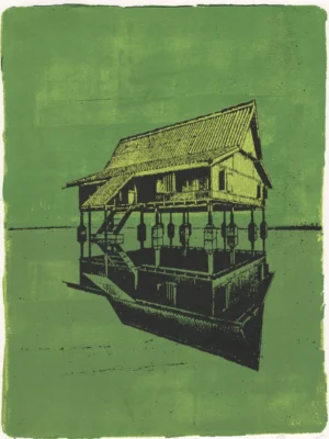Broken Green, gel plate monotype by Daniel Arendzen, showing the printed image only: a traditional Malaysian house on stilts in bold black lines and light green, standing on its own black reflection, with a thin dark horizon line. The background is green throughout, broken in places by lighter patches where the brayer strokes of acrylic paint are thinner