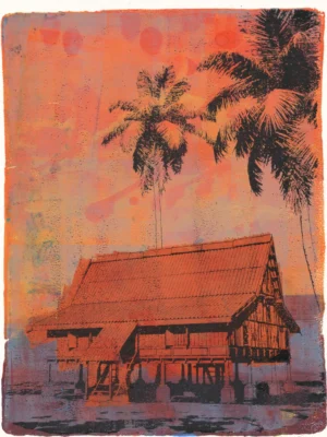 Consumed - Print Consumed, gel plate monotype by Daniel Arendzen, showing the printed image only: an orange red traditional Malaysian house on stilts, with two black coconut palms against an orange sky. Purple rises from the bottom and covers the stilts and the ground. Rough paint application