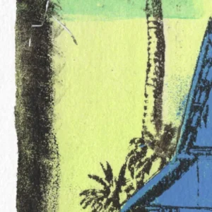 Drowning, gel plate monotype by Daniel Arendzen, shown as a close-up: a dark palm trunk and the edge of the blue roof against the pale yellow and green sky, with the dark green edge at the left
