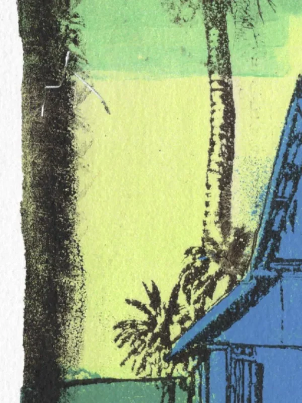 Drowning, gel plate monotype by Daniel Arendzen, shown as a close-up: a dark palm trunk and the edge of the blue roof against the pale yellow and green sky, with the dark green edge at the left