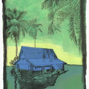 Drowning, gel plate monotype by Daniel Arendzen, showing the printed image only: a traditional Malaysian house in blue, half under green water, with its reflection drawn in black ink lines, below tall dark palms and a green and pale yellow sky, inside a dark green edge