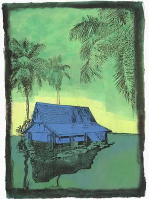 Drowning, gel plate monotype by Daniel Arendzen, showing the printed image only: a traditional Malaysian house in blue, half under green water, with its reflection drawn in black ink lines, below tall dark palms and a green and pale yellow sky, inside a dark green edge