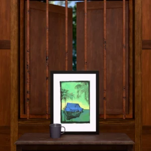 Drowning, gel plate monotype by Daniel Arendzen, framed and standing on a carved wooden cabinet under a barred window, with a mug for scale. The room is a Blender render of the interior of the same traditional Malaysian house shown in the print.