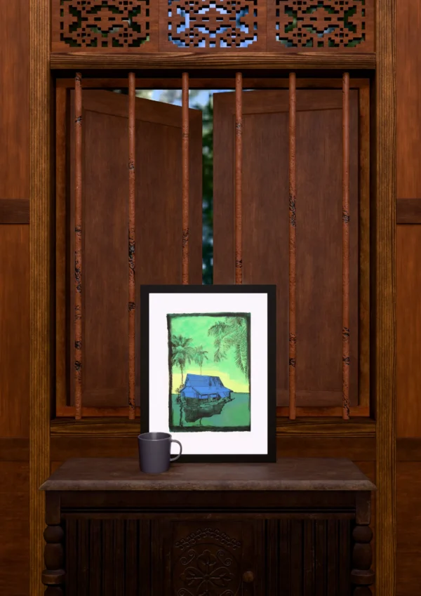 Drowning, gel plate monotype by Daniel Arendzen, framed and standing on a carved wooden cabinet under a barred window, with a mug for scale. The room is a Blender render of the interior of the same traditional Malaysian house shown in the print.