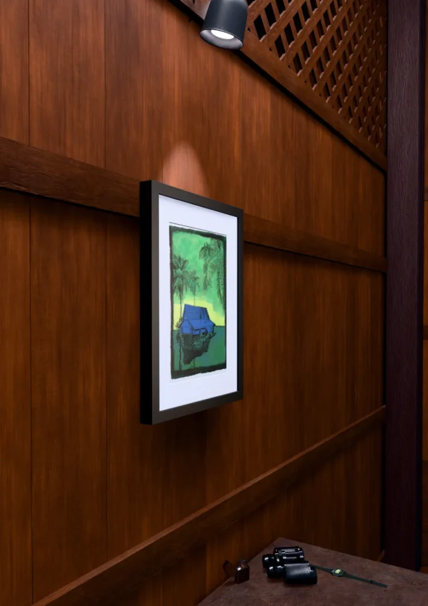 Drowning, gel plate monotype by Daniel Arendzen, framed on a wooden wall under a spotlight, seen from the side, with binoculars, a watch and a lighter on a table below. The room is a Blender render of the interior of the same traditional Malaysian house shown in the print.