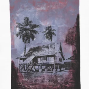 Frame 526 in Purple Shades, gel plate monotype by Daniel Arendzen, shown in full including the paper and the pencil writing at the bottom. The impression shows a traditional Malaysian house with two palms in shades of purple and lilac, with a dark edge at the bottom and the right, on textured cold-pressed paper