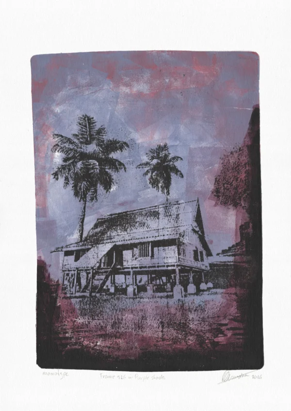 Frame 526 in Purple Shades, gel plate monotype by Daniel Arendzen, shown in full including the paper and the pencil writing at the bottom. The impression shows a traditional Malaysian house with two palms in shades of purple and lilac, with a dark edge at the bottom and the right, on textured cold-pressed paper