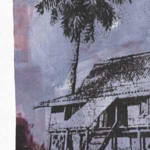 Frame 526 in Purple Shades, gel plate monotype by Daniel Arendzen, shown as a close-up: a palm above the roof and the staircase of the house in black over lilac and purple