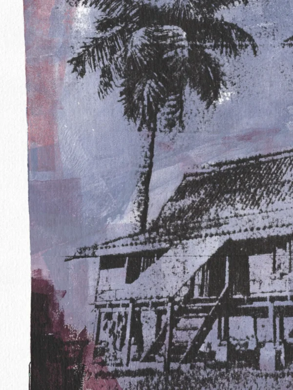 Frame 526 in Purple Shades, gel plate monotype by Daniel Arendzen, shown as a close-up: a palm above the roof and the staircase of the house in black over lilac and purple