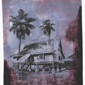 Frame 526 in Purple Shades, gel plate monotype by Daniel Arendzen, showing the printed image only: a traditional Malaysian house on stilts with two palms, drawn in black over lilac, under a purple and lilac sky with pink patches, on grassy ground, with a dark purple edge at the bottom and the right