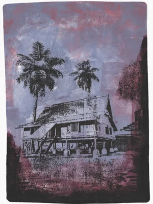Frame 526 in Purple Shades, gel plate monotype by Daniel Arendzen, showing the printed image only: a traditional Malaysian house on stilts with two palms, drawn in black over lilac, under a purple and lilac sky with pink patches, on grassy ground, with a dark purple edge at the bottom and the right
