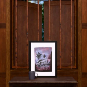 Frame 526 in Purple Shades, gel plate monotype by Daniel Arendzen, framed and standing on a carved wooden cabinet under a barred window, with a mug for scale. The room is a Blender render of the interior of the same traditional Malaysian house shown in the print.