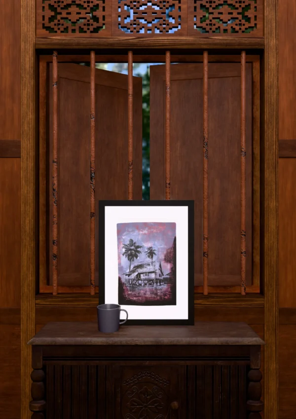 Frame 526 in Purple Shades, gel plate monotype by Daniel Arendzen, framed and standing on a carved wooden cabinet under a barred window, with a mug for scale. The room is a Blender render of the interior of the same traditional Malaysian house shown in the print.