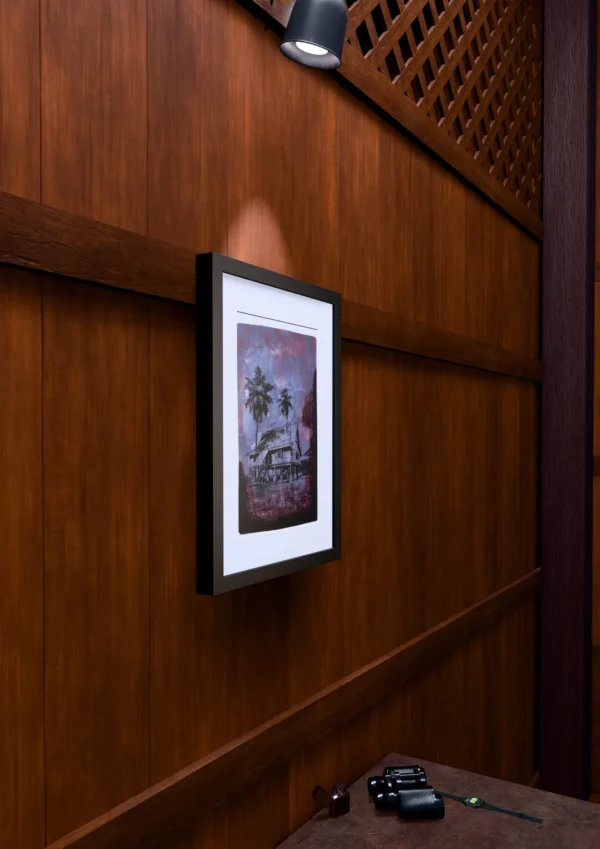 Frame 526 in Purple Shades, gel plate monotype by Daniel Arendzen, framed on a wooden wall under a spotlight, seen from the side, with binoculars, a watch and a lighter on a table below. The room is a Blender render of the interior of the same traditional Malaysian house shown in the print.