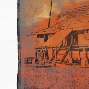 Frame 526 in Sunset - Detail Frame 526 in Sunset, gel plate monotype by Daniel Arendzen, shown as a close-up: the staircase, windows and stilts of the house in black over orange, with a palm above and the tall grass in front