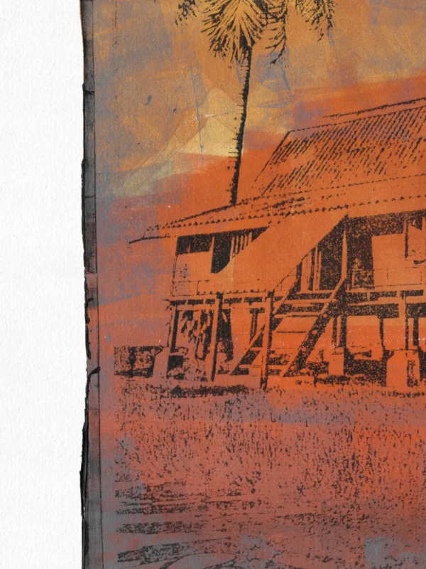 Frame 526 in Sunset - Detail Frame 526 in Sunset, gel plate monotype by Daniel Arendzen, shown as a close-up: the staircase, windows and stilts of the house in black over orange, with a palm above and the tall grass in front