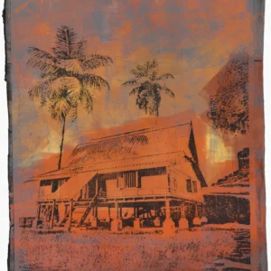 Frame 526 in Sunset - Print Frame 526 in Sunset, gel plate monotype by Daniel Arendzen, showing the printed image only: a traditional Malaysian house on stilts with two palms, drawn in black over orange, under a sunset sky of orange and grey-blue, behind tall grass, with a tree and a small building at the right