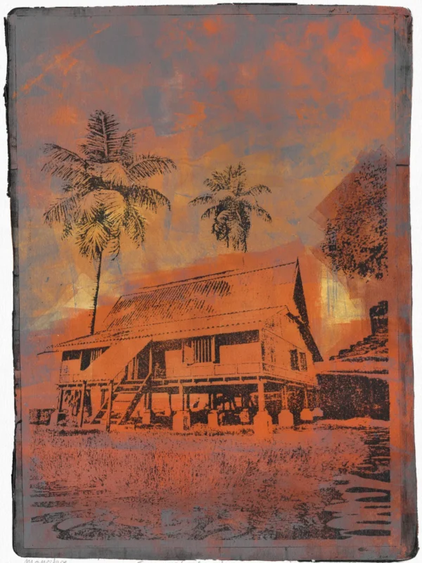 Frame 526 in Sunset - Print Frame 526 in Sunset, gel plate monotype by Daniel Arendzen, showing the printed image only: a traditional Malaysian house on stilts with two palms, drawn in black over orange, under a sunset sky of orange and grey-blue, behind tall grass, with a tree and a small building at the right
