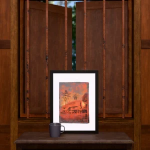 Frame 526 in Sunset - Room Frame 526 in Sunset, gel plate monotype by Daniel Arendzen, framed and standing on a carved wooden cabinet under a barred window, with a mug for scale. The room is a Blender render of the interior of the same traditional Malaysian house shown in the print.