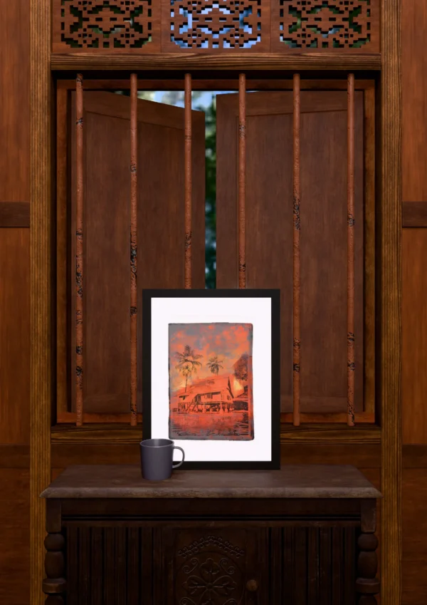 Frame 526 in Sunset - Room Frame 526 in Sunset, gel plate monotype by Daniel Arendzen, framed and standing on a carved wooden cabinet under a barred window, with a mug for scale. The room is a Blender render of the interior of the same traditional Malaysian house shown in the print.