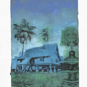 Frame 526 in Winter, gel plate monotype by Daniel Arendzen, shown in full including the paper and the pencil writing at the bottom. The impression shows a traditional Malaysian house in pale blue with two palms, under a blue and green sky, behind green grass, on textured cold-pressed paper