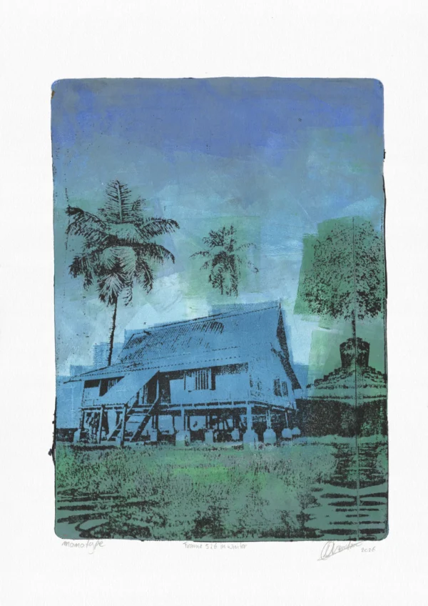 Frame 526 in Winter, gel plate monotype by Daniel Arendzen, shown in full including the paper and the pencil writing at the bottom. The impression shows a traditional Malaysian house in pale blue with two palms, under a blue and green sky, behind green grass, on textured cold-pressed paper