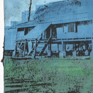 Frame 526 in Winter, gel plate monotype by Daniel Arendzen, shown as a close-up: the staircase, windows and stilts of the house in black over pale blue, with green grass in front