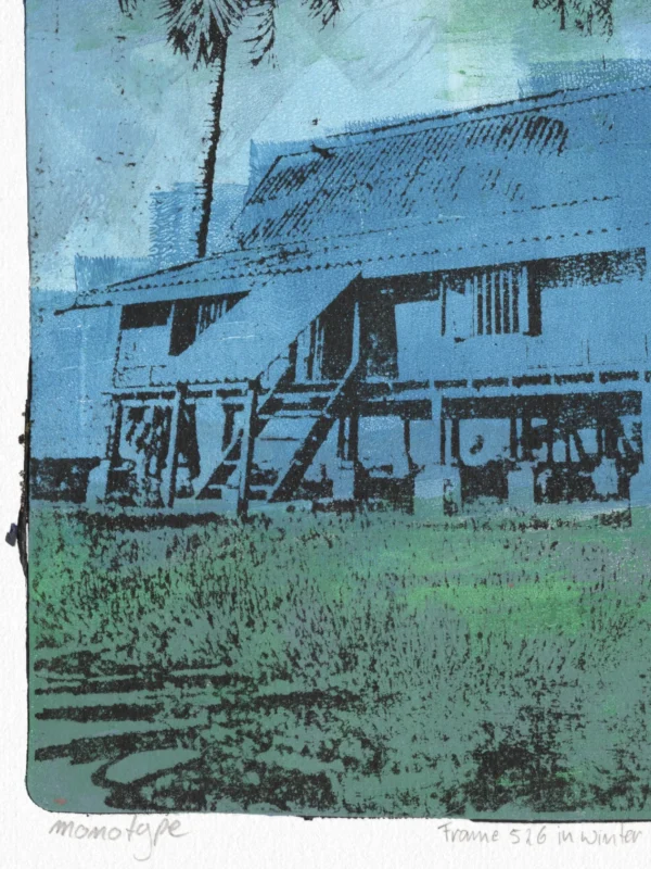 Frame 526 in Winter, gel plate monotype by Daniel Arendzen, shown as a close-up: the staircase, windows and stilts of the house in black over pale blue, with green grass in front