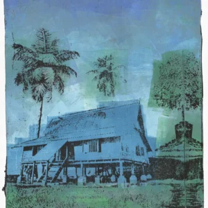 Frame 526 in Winter, gel plate monotype by Daniel Arendzen, showing the printed image only: a traditional Malaysian house on stilts in pale blue with two dark palms, under a blue and green sky, behind green grass, with a mirrored tree and a small building at the right