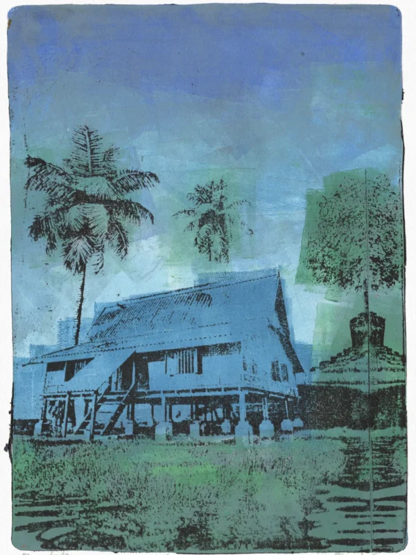 Frame 526 in Winter, gel plate monotype by Daniel Arendzen, showing the printed image only: a traditional Malaysian house on stilts in pale blue with two dark palms, under a blue and green sky, behind green grass, with a mirrored tree and a small building at the right
