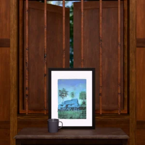 Frame 526 in Winter, gel plate monotype by Daniel Arendzen, framed and standing on a carved wooden cabinet under a barred window, with a mug for scale. The room is a Blender render of the interior of the same traditional Malaysian house shown in the print.