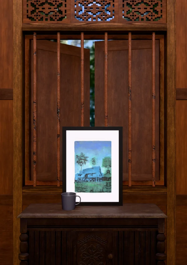 Frame 526 in Winter, gel plate monotype by Daniel Arendzen, framed and standing on a carved wooden cabinet under a barred window, with a mug for scale. The room is a Blender render of the interior of the same traditional Malaysian house shown in the print.