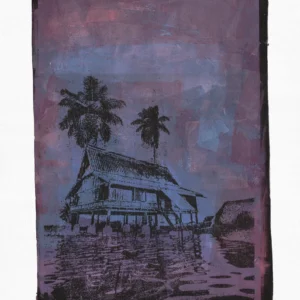 Frame 529 in Purple (l), gel plate monotype by Daniel Arendzen, shown in full including the paper and the pencil writing at the bottom. The impression shows a traditional Malaysian house in blue with two palms, reflected in purple water under a purple and blue sky, on textured cold-pressed paper